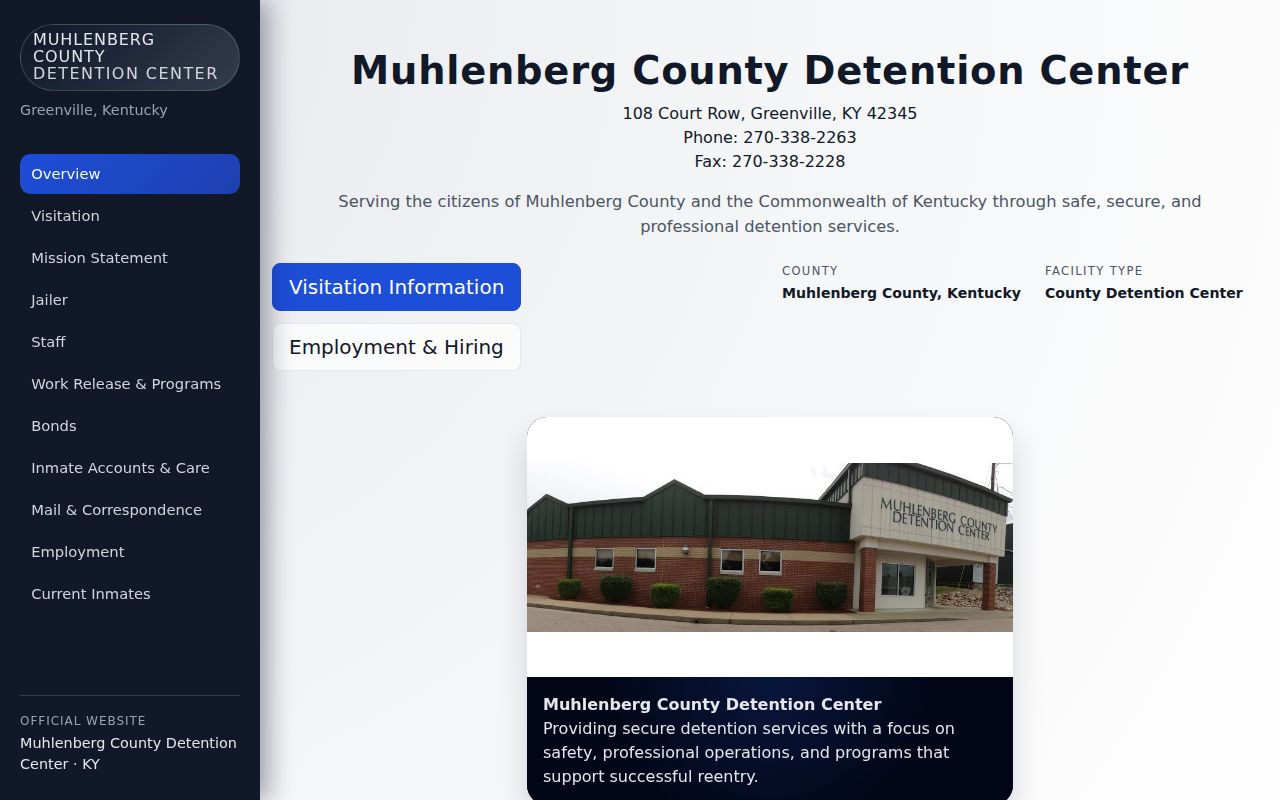 Official Muhlenberg County Detention Center website used for regional custody checks