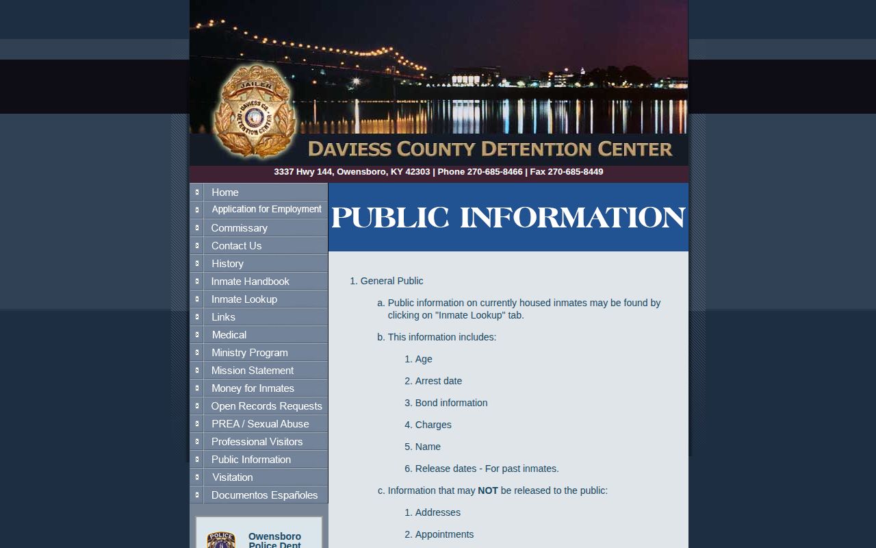 Daviess County Detention Center public information page for roster and release records