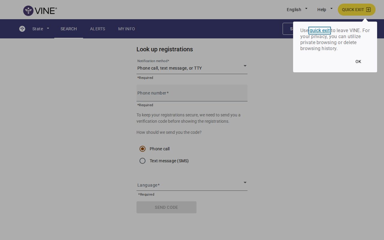 VINELink person notification registration screen