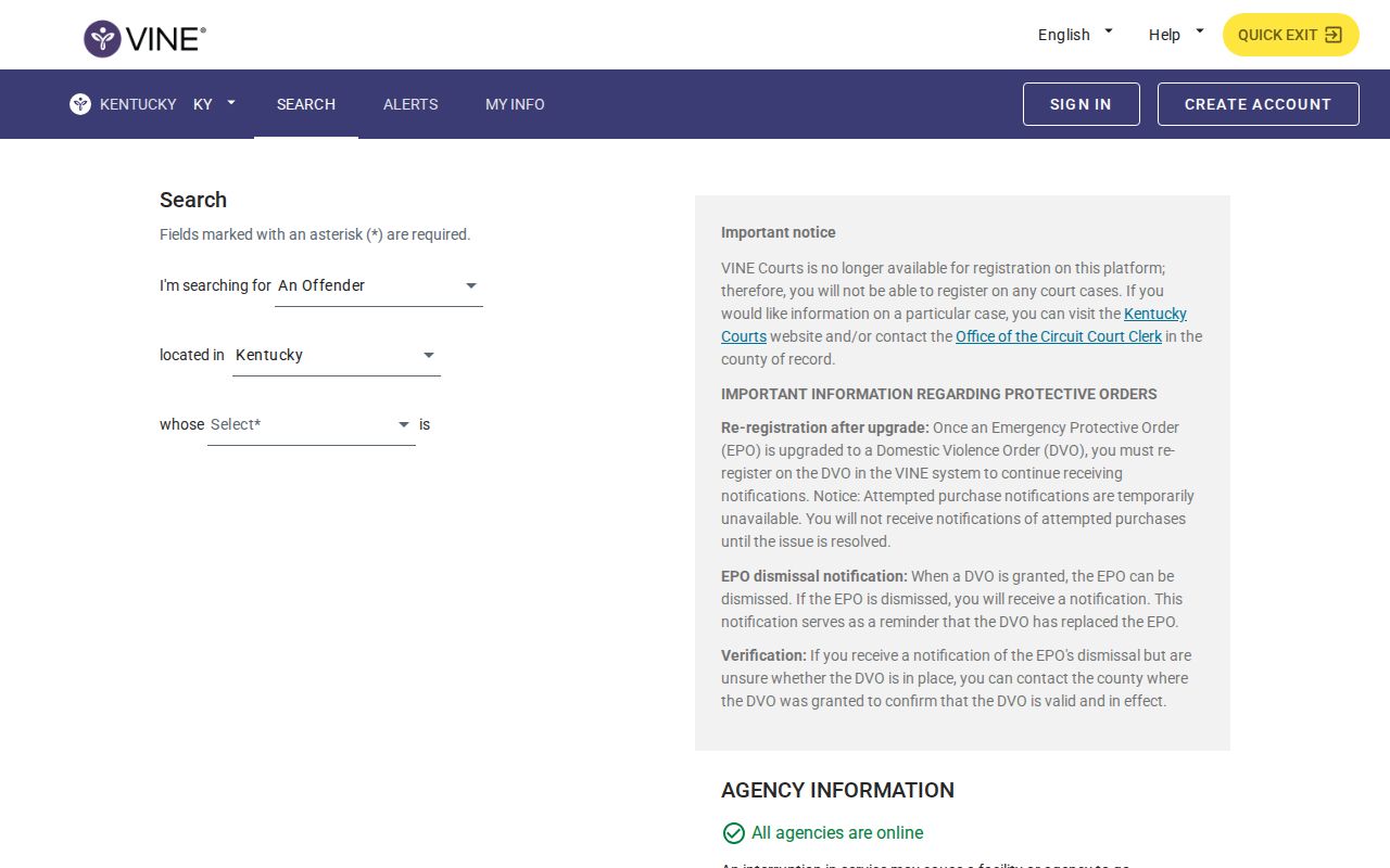 Kentucky VINELink person search interface