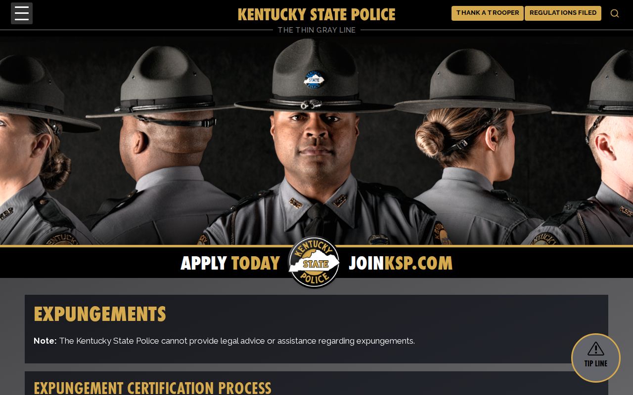 Kentucky State Police official expungement information page