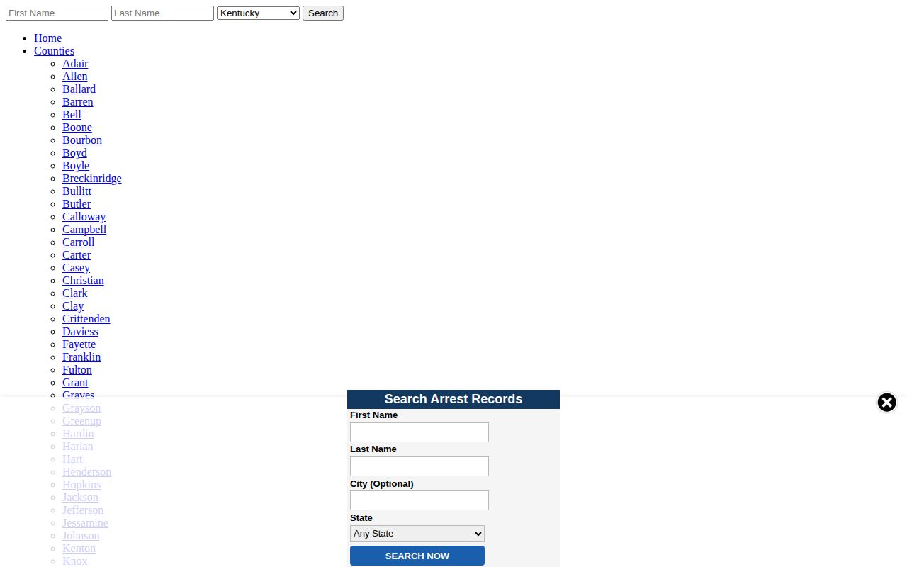 Unofficial Arrests.org page with McLean Sheriff bookings inside Muhlenberg navigation