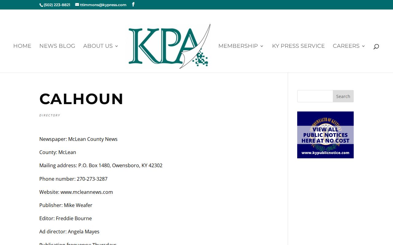 Kentucky Press Association listing for the weekly McLean County News