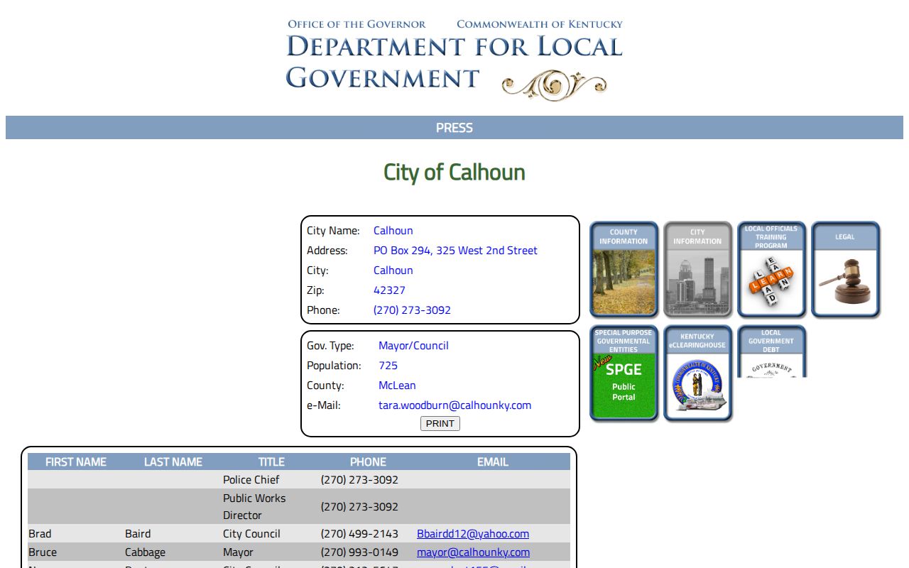 Kentucky city directory contact record for Calhoun arrest inquiries